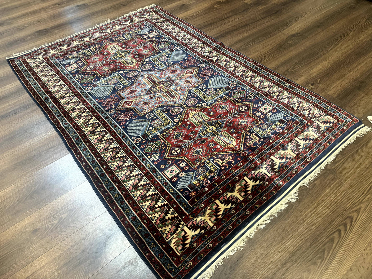 Indian Rug with Caucasian Design, 4x6 Geometric Carpet, Navy Blue and Cream - Jewel Rugs, view 13
