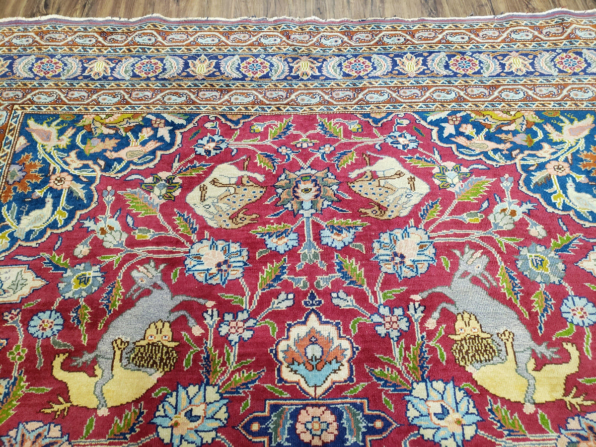 Antique Turkish Sivas Area Rug 8x11, Hand-Knotted, Vintage Red Wool Carpet, Gazelles Lions, Boteh Border, 8' x 11' Top Quality Oriental Rug - Jewel Rugs, view 12