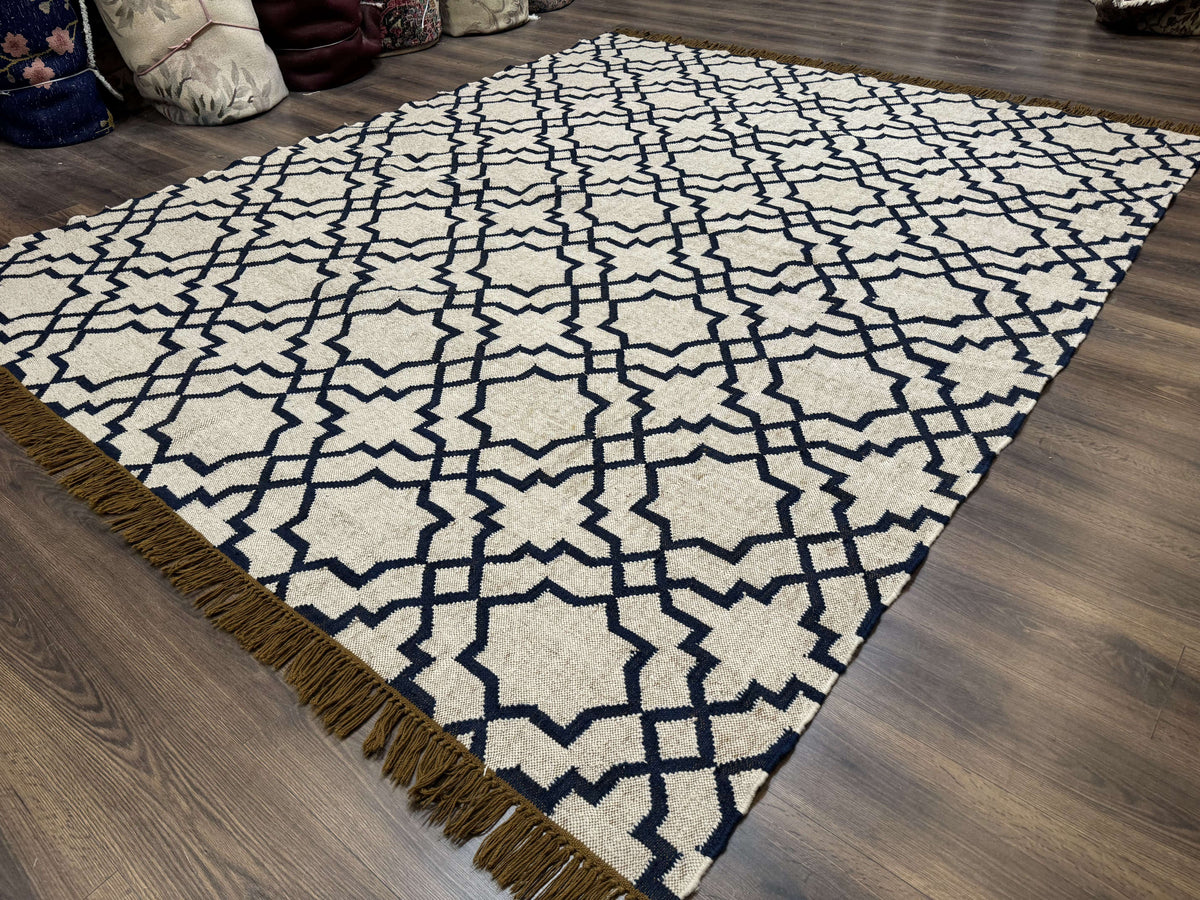Indian Kilim Rug 8x10, Oat and Navy Blue, Dhurrie Carpet, Handmade, Wool - Jewel Rugs, view 3