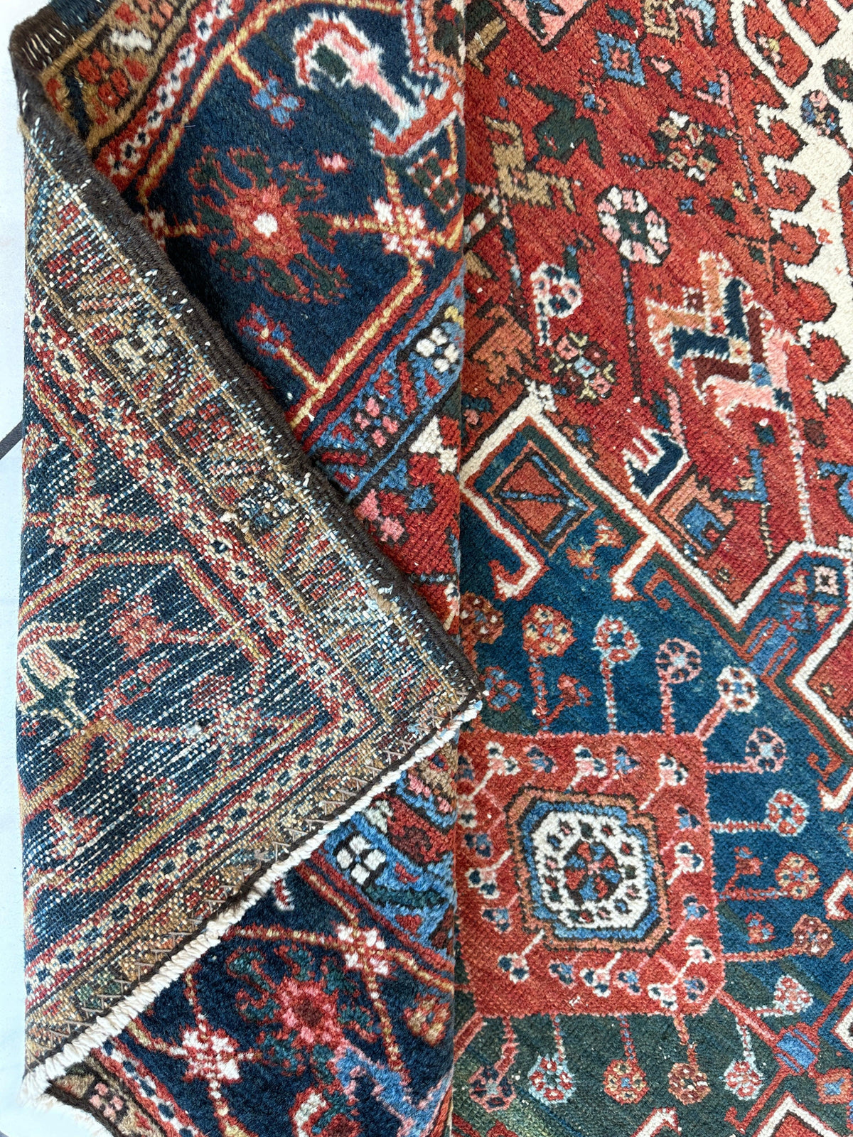 Antique Persian Heriz Rug 5x6 | Rust, Navy & Ivory | Hand-Knotted Wool - Rugistan, view 20