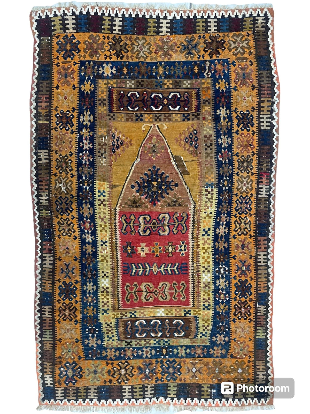 Antique Turkish Prayer Rug 4x7 | Gold, Navy & Red | Hand-Woven Wool Flatweave - Rugistan