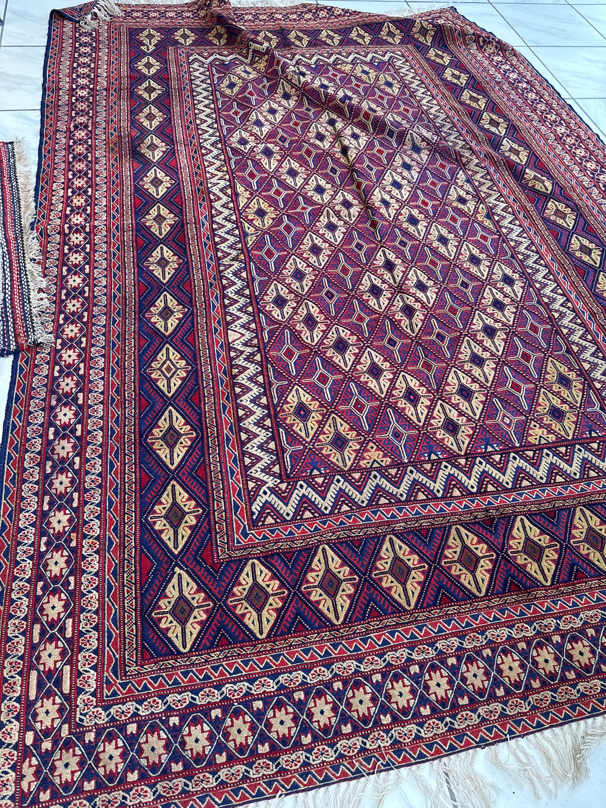 Afghan Rug 7x10 | Purple, Navy & Ivory | Hand-Woven Wool Flatweave - Rugistan