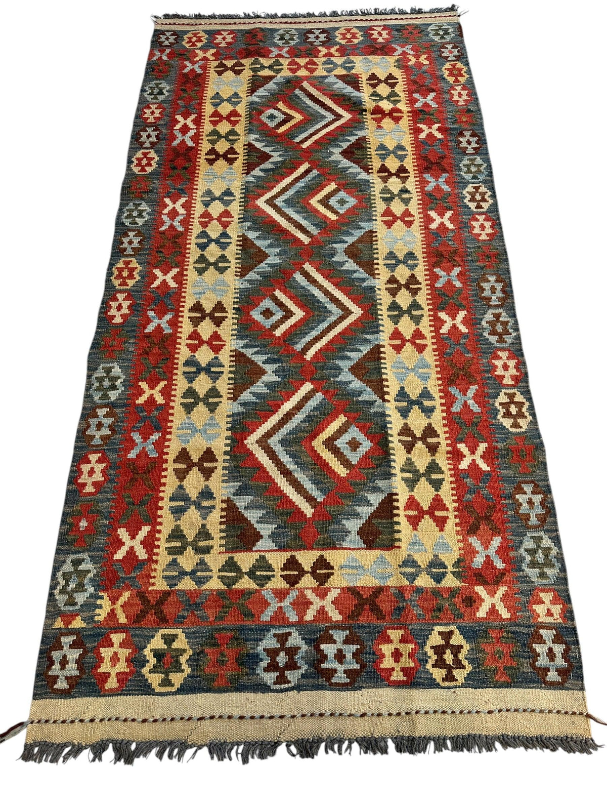 Afghan Maimana Kilim Rug 3x7 | Red, Gray & Beige | Hand-Woven Wool Flatweave - Rugistan, view 3