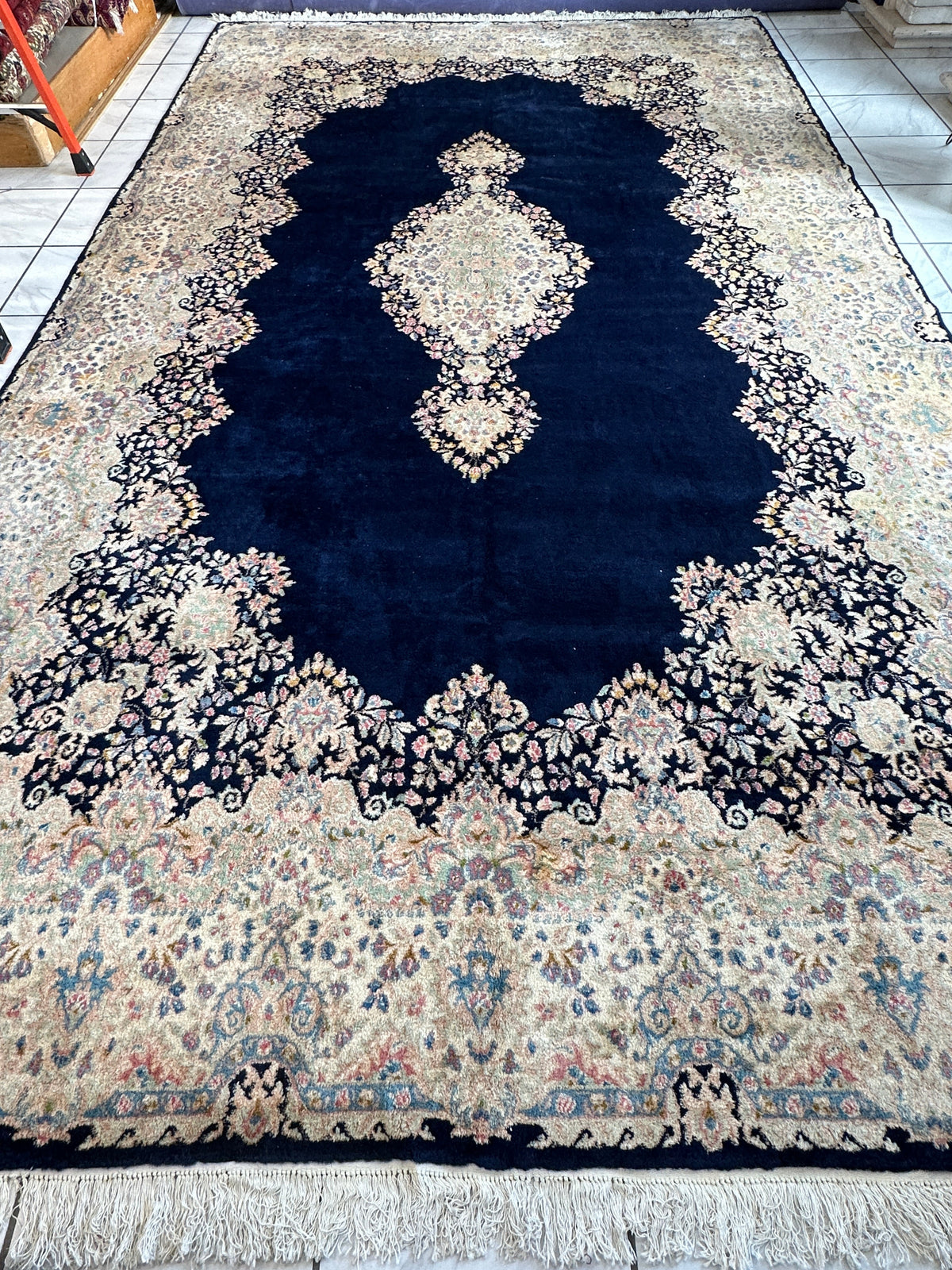 Vintage Persian Kerman Rug 10x17 | Beige, Navy & Ivory | Hand-Knotted Wool - Rugistan, view 2