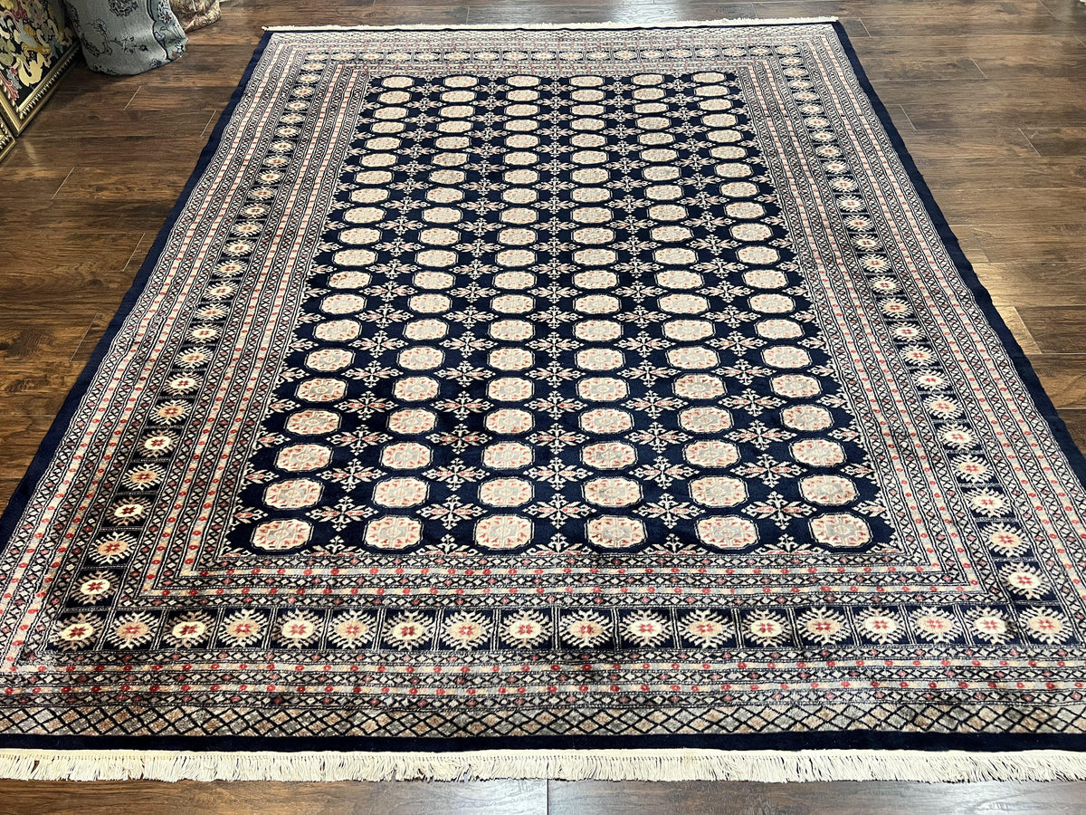Pakistani Bokhara Rug 8x10, Turkoman Carpet, Dark Blue and Beige, Vintage Handmade Wool Carpet - Jewel Rugs, view 2