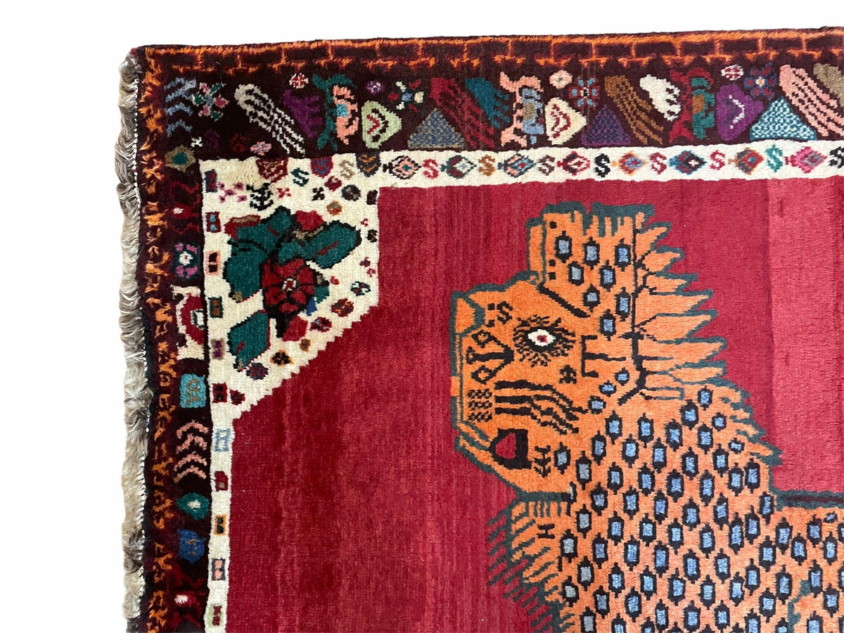 Antique Persian Gabbeh Wool Rug 4x5, Lion Pictorial Rug, Red Orange Black, Hand Knotted Handmade Vintage Gabbeh Carpet 4 x 5 ft, Tribal Rug - Jewel Rugs, view 4
