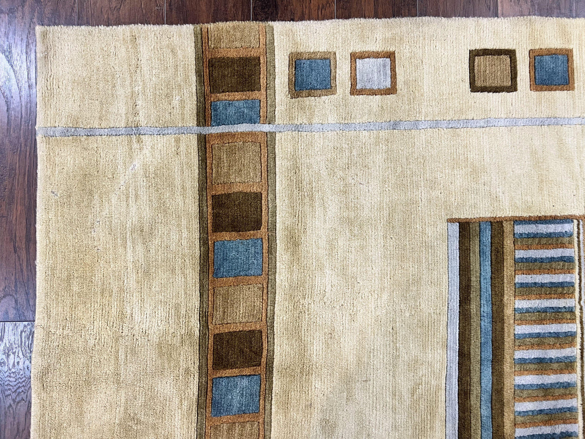 Tibetan Rug 5x8, Contemporary Rug 5 x 8 ft, Cream Brown Blue Hand-Knotted Wool w/ Silk Highlights Tibetan Carpet, Modern Rug - Jewel Rugs, view 7