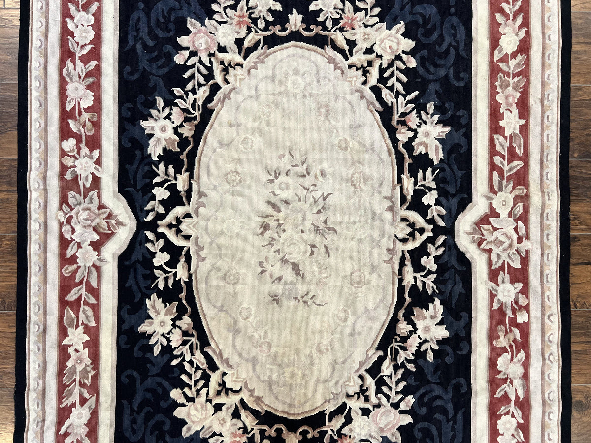 Needlepoint Rug 5x8, Wool Handmade Vintage European Design Carpet, Black & Maroon, French Aubusson Pattern Flatweave Rug - Jewel Rugs, view 5
