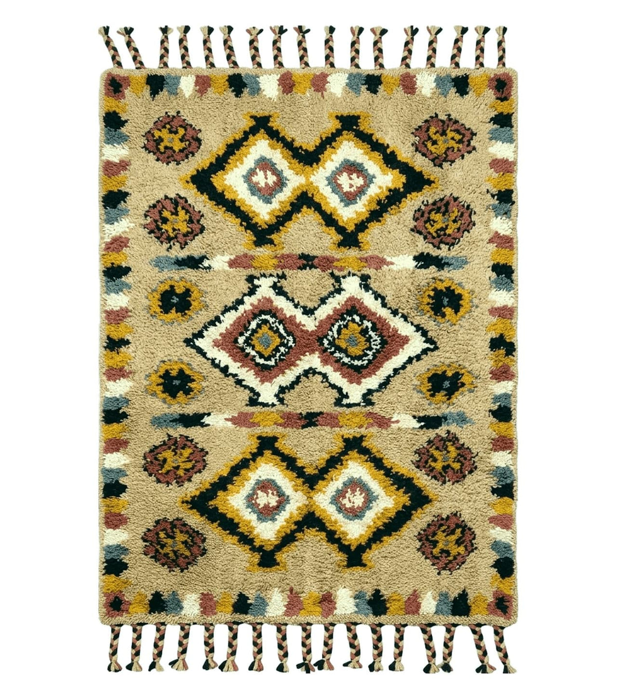 Portuguese Rya Style Shag Rug Moroccan Design, 4x6 Vintage Colorful Geometric Rug, Handmade Wool Gold Tan, Soft Pile Rug - Jewel Rugs