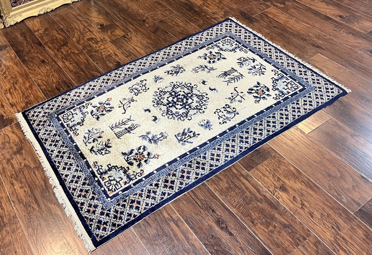 Silk Chinese Rug 3x5, Vintage Handmade Peking Carpet, Asian Oriental Art Deco Rug - Jewel Rugs, view 12