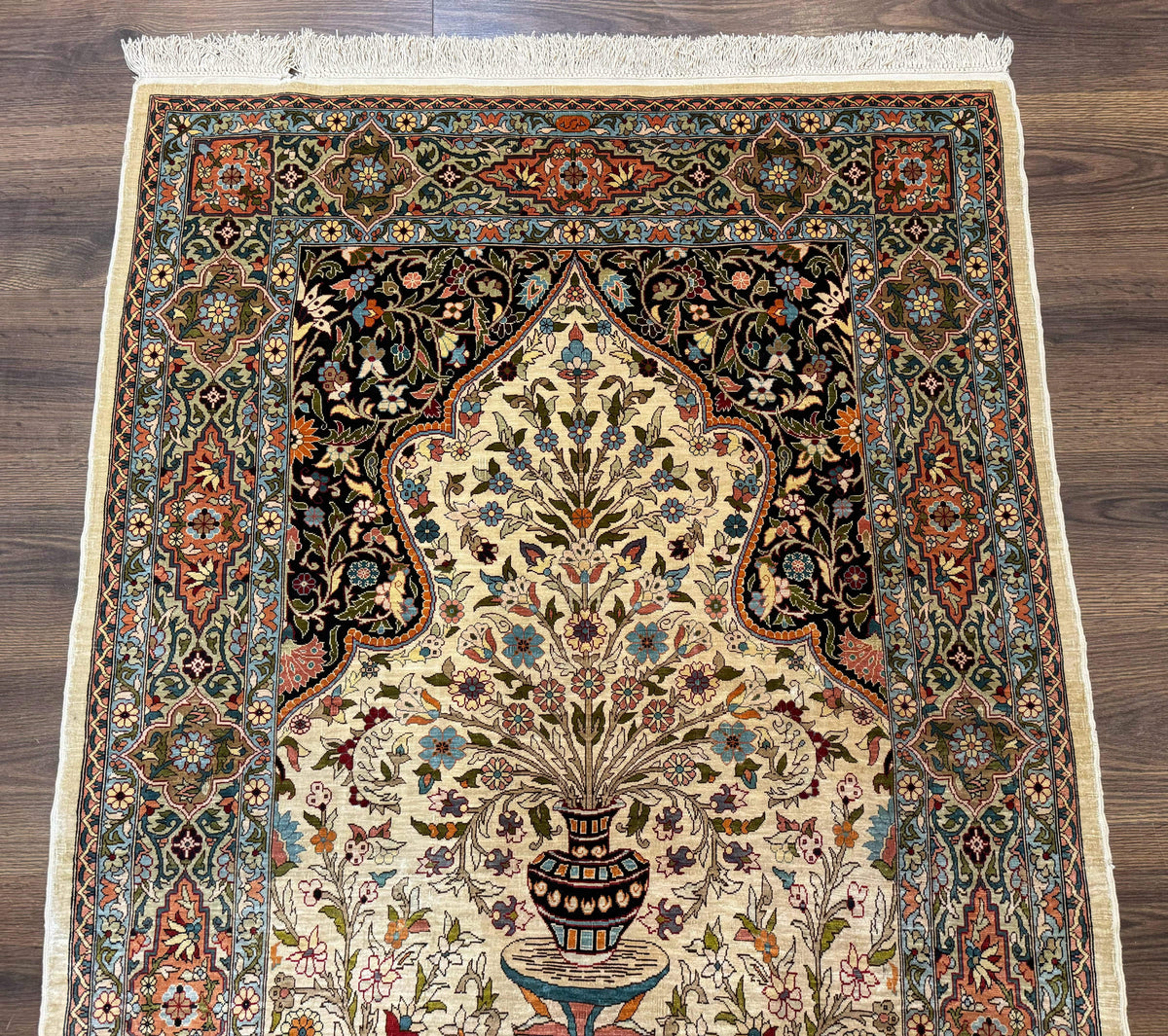 Rare Turkish Hereke Silk Rug 3x5, Tree of Life Persian Vase Design, Very Fine 440 KPSI, Signed - Jewel Rugs, view 3