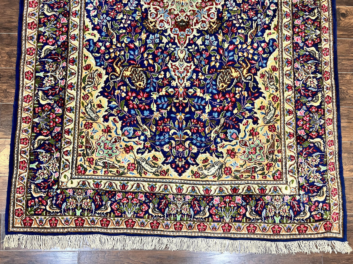 Persian Kirman Rug 6x9, Floral Medallion Vintage Wool Handmade Carpet 6 x 9, Animal Pictorials Birds, Semi Antique, Navy Blue, Millefleur - Jewel Rugs, view 5