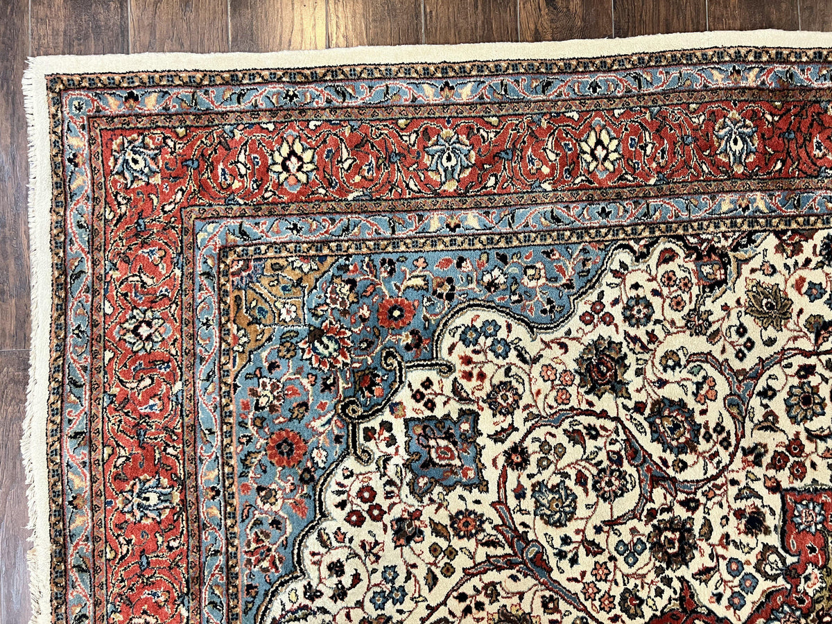 Persian Sarouk Rug 8x12, Wool Hand Knotted Antique Carpet, Floral Medallion, Cream Red, Traditional Oriental Rug - Jewel Rugs, view 6