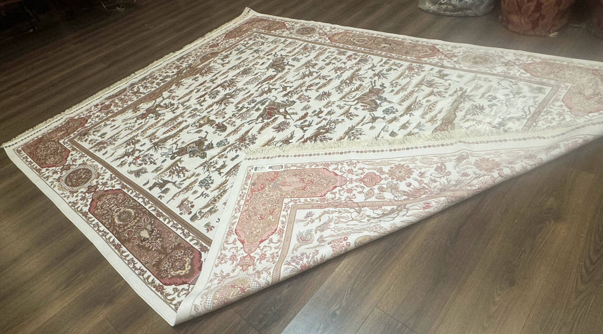 Large Turkish Silk Rug 8x10, Ivory, Hunting Design, Bamboo Silk, New - Jewel Rugs, view 12