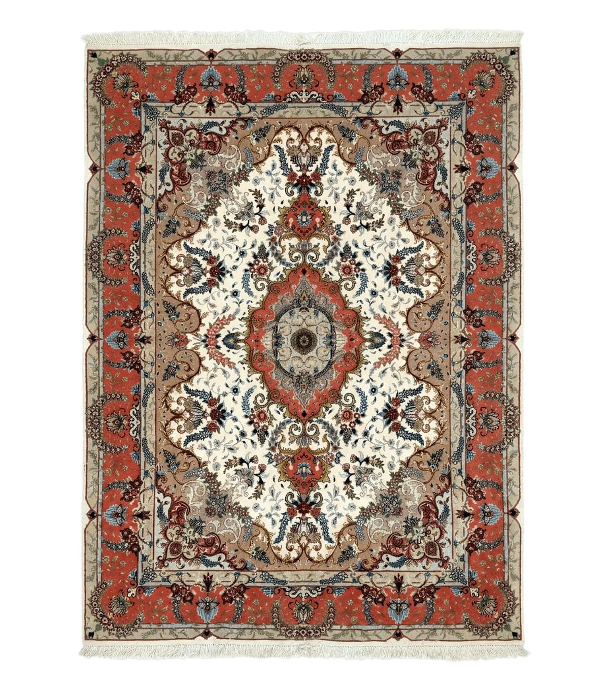 Wonderful Persian Tabriz Rug 5x7, Very Fine 440 KPSI, Ivory and Coral, Rare - Jewel Rugs