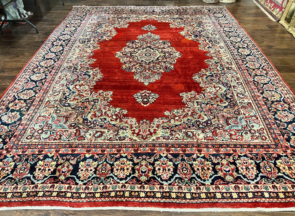 Persian Sarouk Rug 11x14, Semi Open Field, Large Antique Persian Wool Handmade Carpet, Red and Dark Blue, Floral - Jewel Rugs