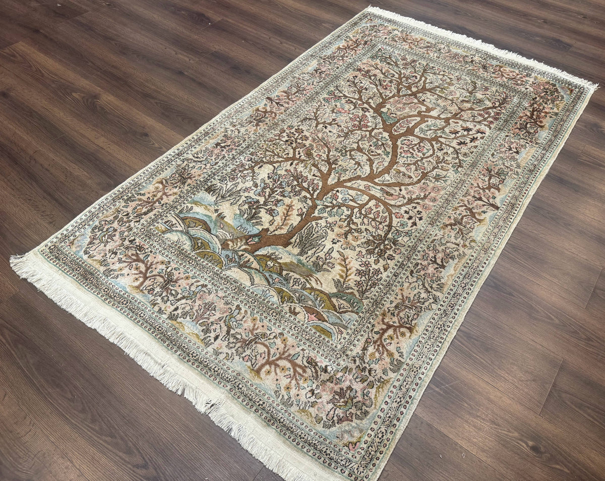 Indian Kashmiri Silk Rug 4x7, Tree of Life Design, Very Fine 380 KPSI, Birds - Jewel Rugs, view 3