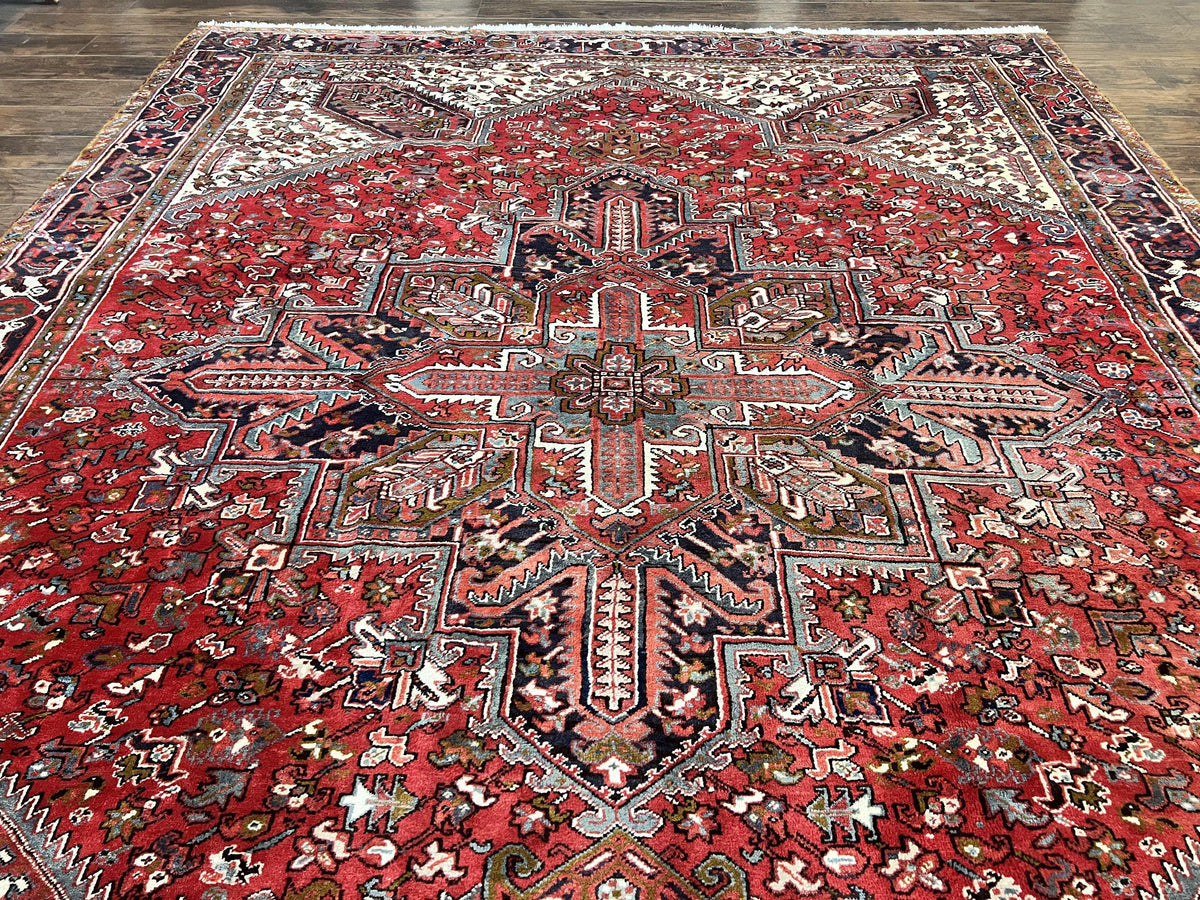 Large Persian Heriz Rug 10x13, Wool Hand Knotted Antique Carpet, Red and Ivory, Geometric Tribal Room Sized Rug, Decorative Oriental Rug - Jewel Rugs, view 12