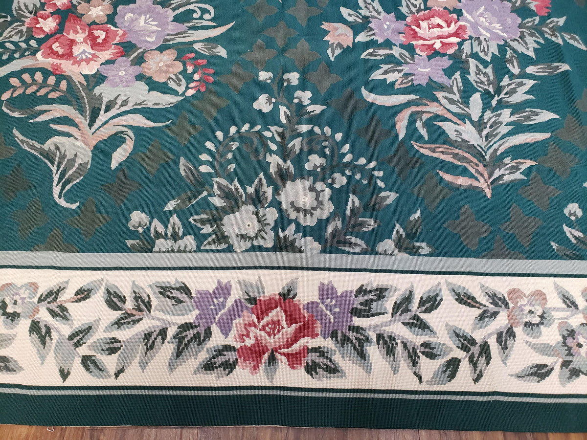 Chinese Needlepoint Rug 8x10, Vintage Green Area Rug, Hand-Woven Flatweave Floral European Design Carpet Wool Handmade 8x 10 Living Room Rug - Jewel Rugs, view 6