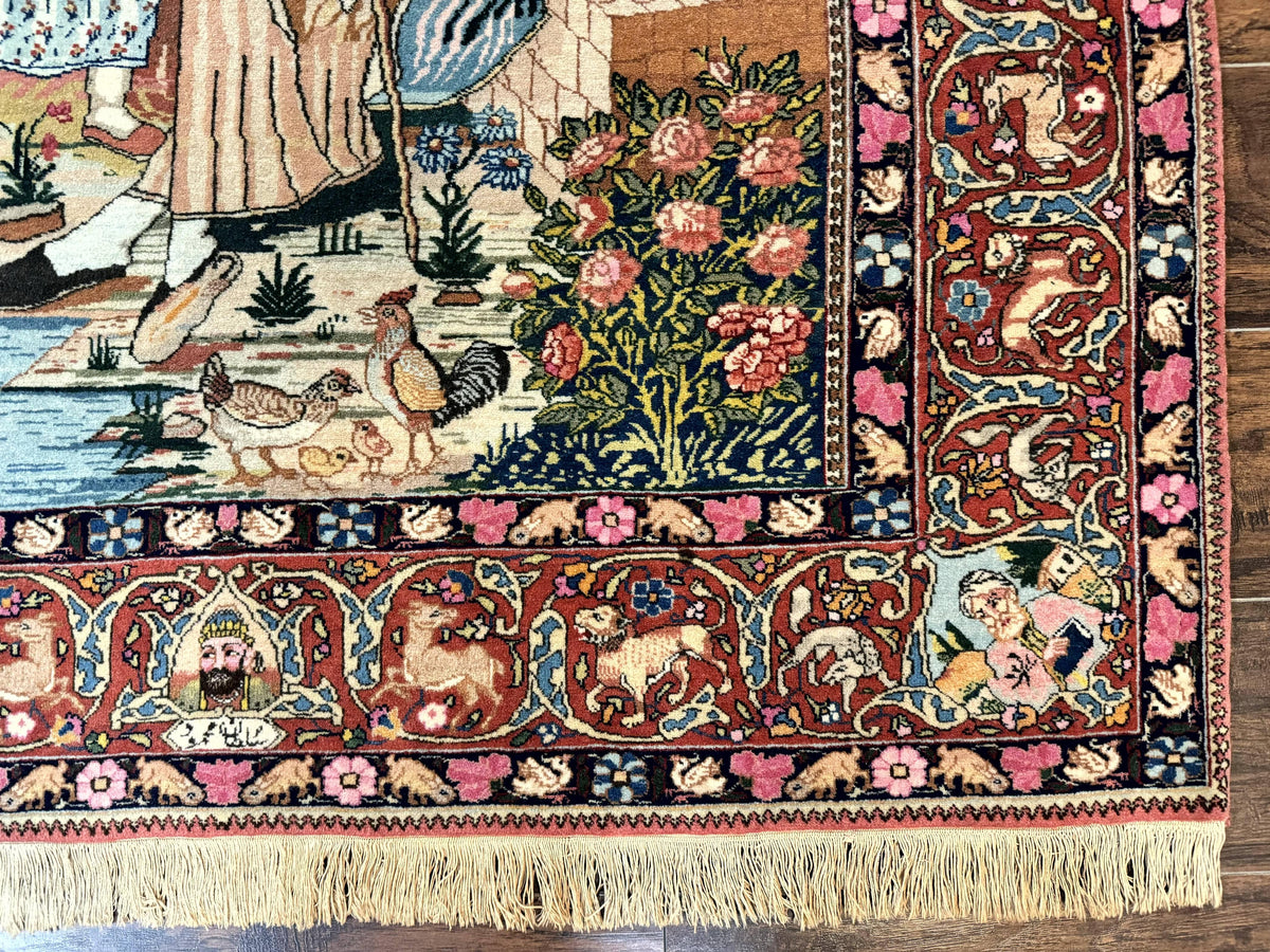 Wonderful Persian Kashan Pictorial Rug 4.7 x 6.5, Persian Rug for Wall Hanging, Handmade Antique Wool Carpet Animal Motifs Poetry Lovers, 240 KPSI - Jewel Rugs, view 10