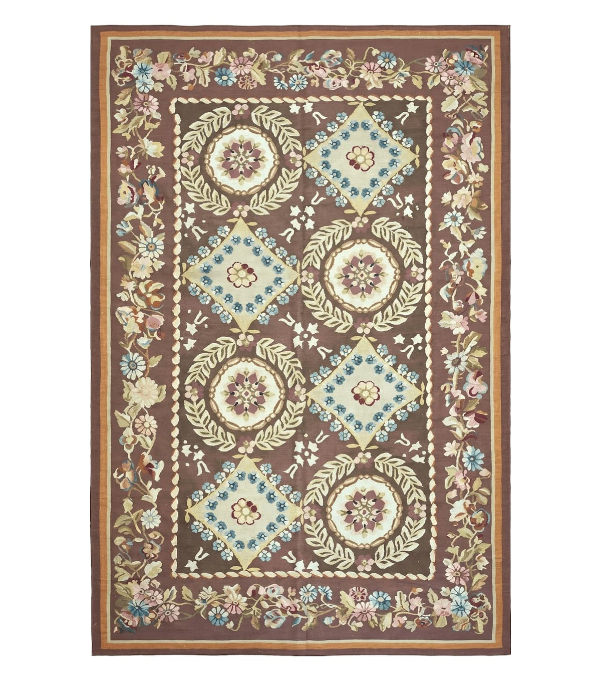 Aubusson Rug 6 x 9 Flat Weave Area Carpet European Design Flowers New Brown Rug Handmade Wool Hand-Knotted Aubusson Weave Medium Rug 6x9 - Jewel Rugs