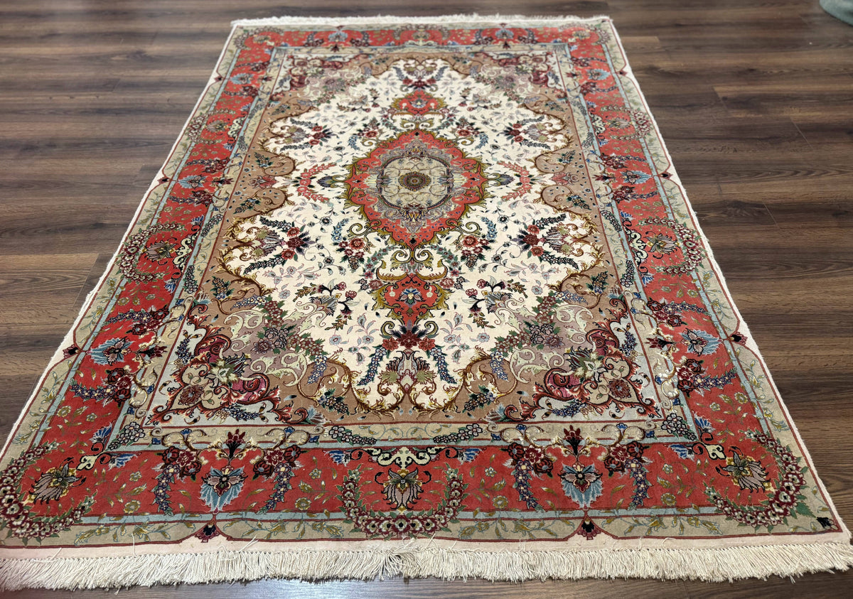 Wonderful Persian Tabriz Rug 5x7, Very Fine 440 KPSI, Ivory and Coral, Rare - Jewel Rugs, view 2