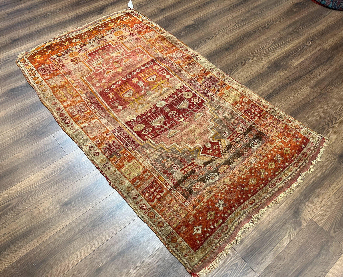 Antique Turkish Melas Rug 4x7, Tribal Geometric Unique Collectible Hand Knotted Wool Oriental Carpet, Rare 1920s Rug, Burnt Orange Red - Jewel Rugs, view 13