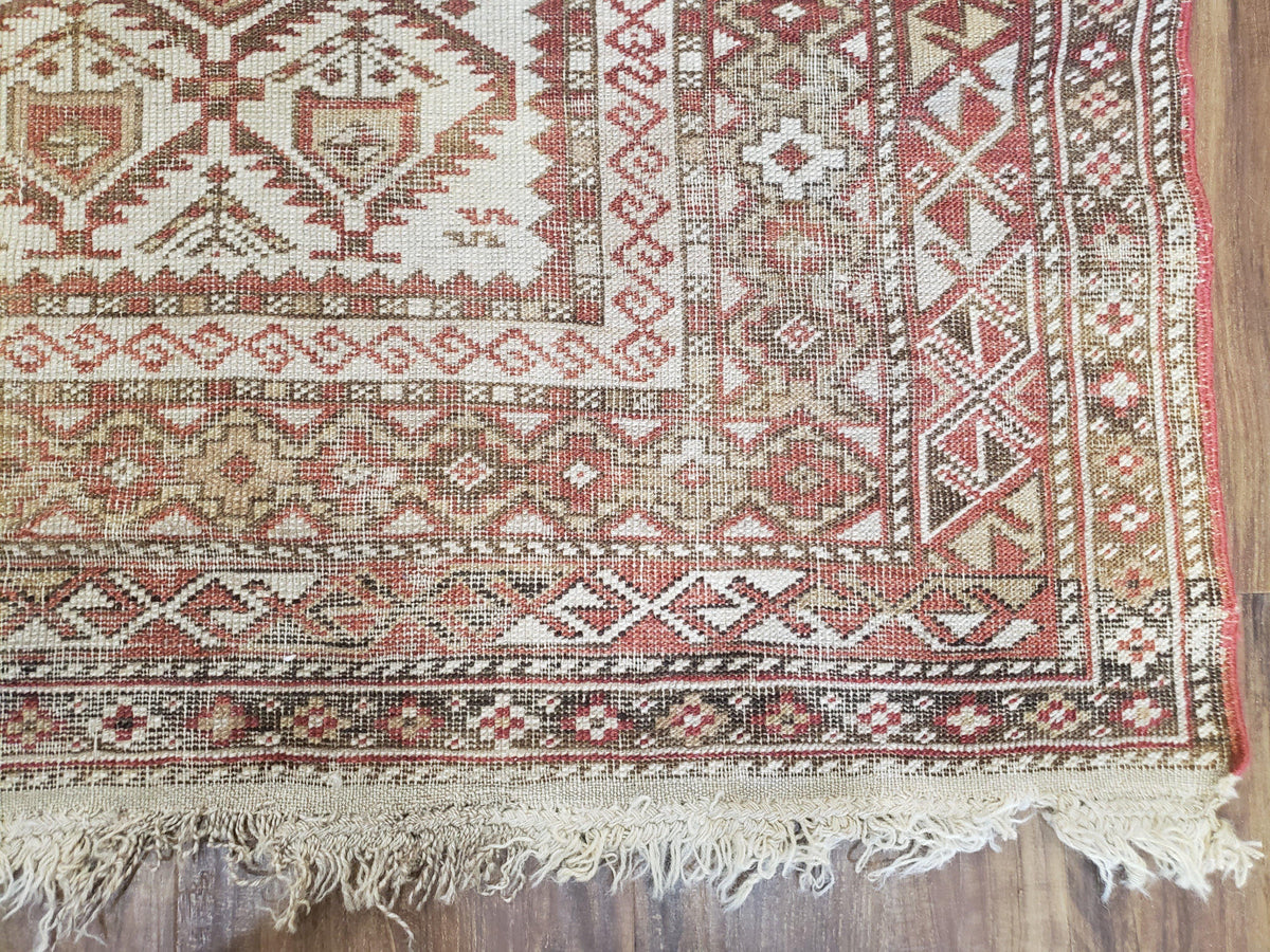 Antique Caucasian Shirvan Rug 4x6, Dagestan Area Rug, Wool Hand-Knotted Soft Red & Ivory 1920s Oriental Carpet, Soft Muted Colors - Jewel Rugs, view 9