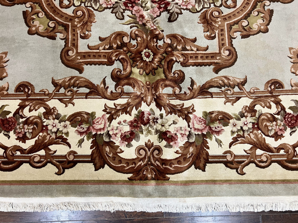 Aubusson Rug 10x13, Cream and Light Mint Green Hand Knotted Handmade French Savonnerie European Carpet, Wool Pile, Large Room Sized Vintage - Jewel Rugs, view 6