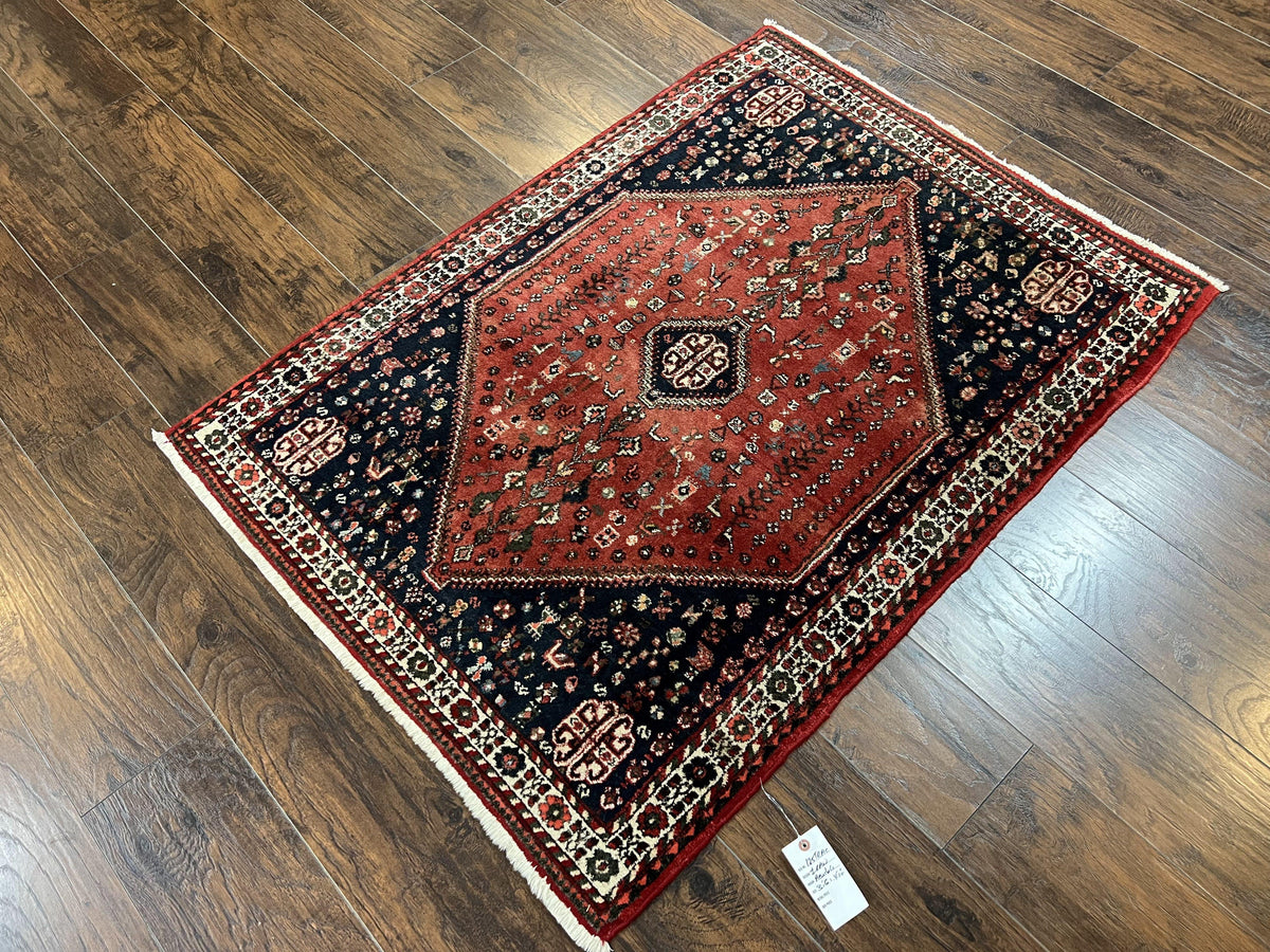 Persian Tribal Rug 3.6 x 5 ft, Persian Abadeh Rug, Geometric Medallion Bird Motifs, Red and Navy Blue Hand Knotted Handmade Wool Vintage Oriental Carpet - Jewel Rugs, view 3