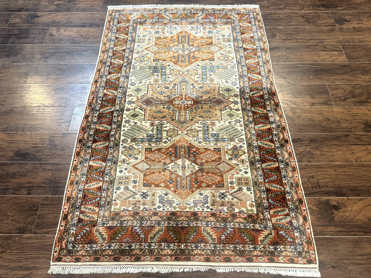 Turkish Kazak Rug 4x6, Geometric Medallions, Vintage Handmade Wool Carpet - Jewel Rugs