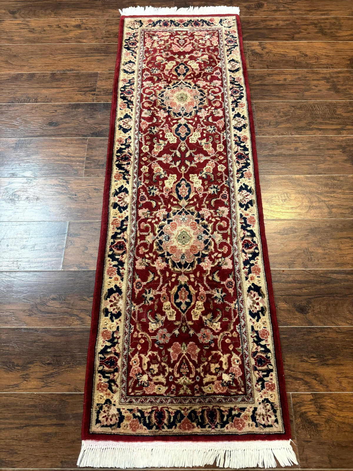 Short Runner Rug 2x6, Fine 200 KPSI, Red Floral Medallion, Wool and Silk Highlights, Persian Runner Rug, Traditional, Sino Persian - Jewel Rugs, view 2