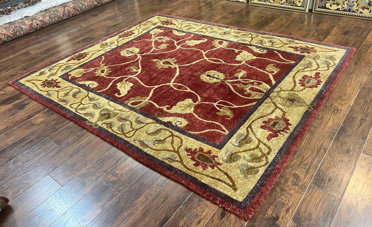 Tibetan Aubusson Rug 8x10, Maroon and Beige, Floral, Handmade, Wool, Vintage, Traditional Rug - Jewel Rugs, view 11