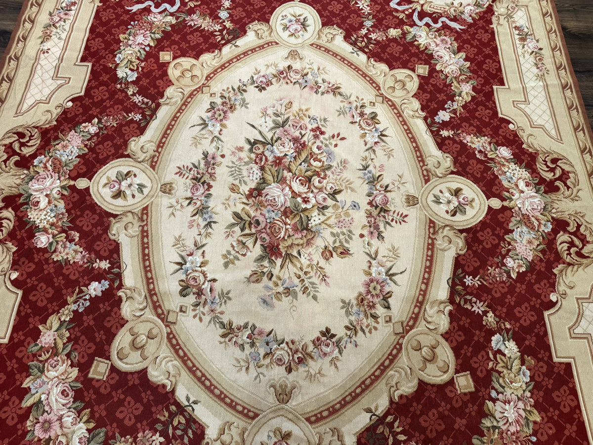 Aubusson Rug 8x11, Needlepoint Carpet, Red Ivory Beige, Vintage, French European Design - Jewel Rugs, view 5