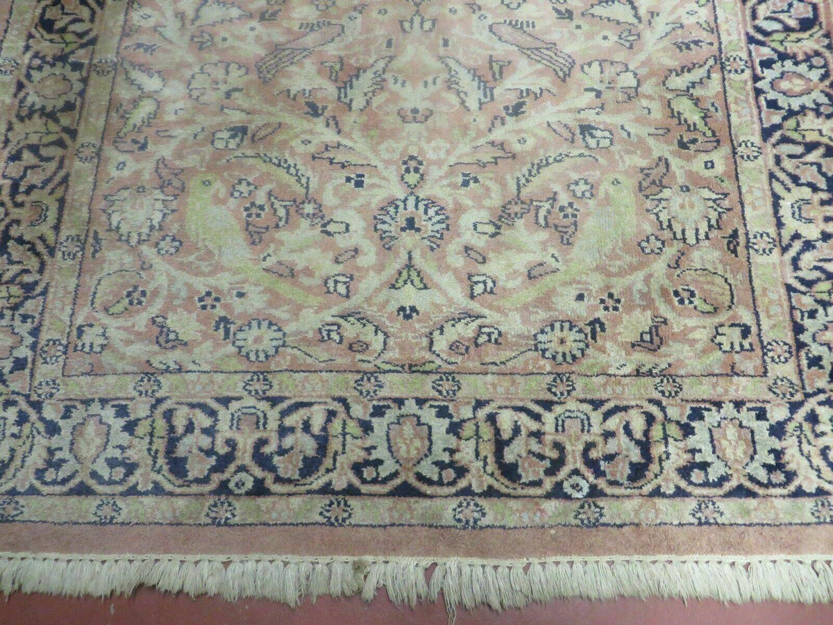 Indian Silk Rug 4x6, Indian Kashmiri Silk Carpet 4 x 6 ft, Vintage Hand Knotted Floral Bird Motifs, Light Pink and Navy Blue, Silk on Cotton - Jewel Rugs, view 6