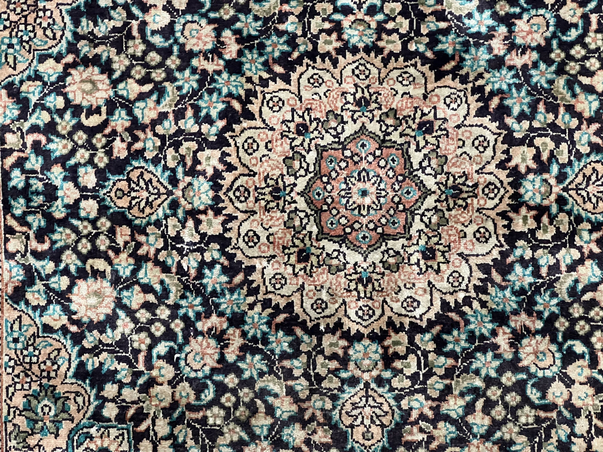 Sino Persian Silk Rug 2x2 ft, Very Fine High KPSI Small Silk Oriental Carpet, Hand-Knotted, Medallion, Vintage Silk Rug, Black Ivory/Cream - Jewel Rugs, view 4