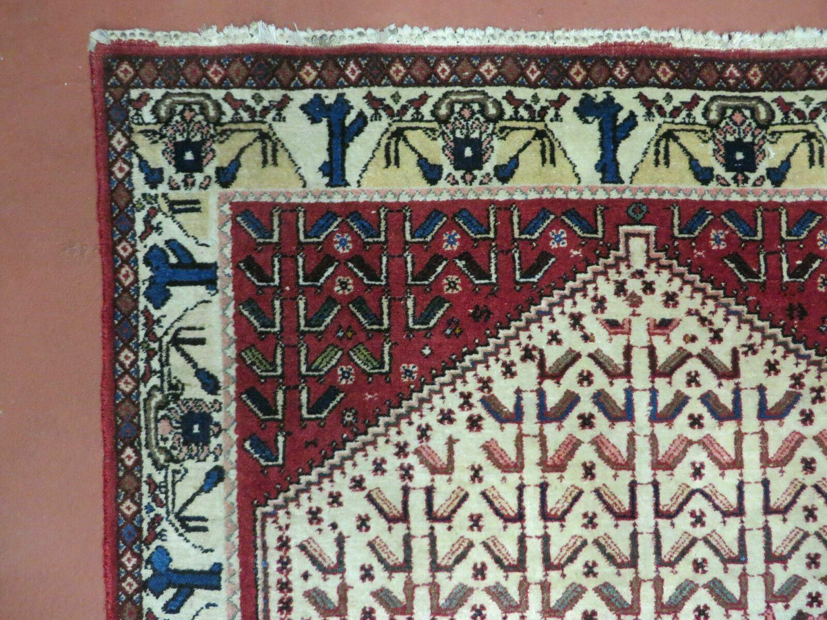 3' X 5' Vintage Handmade India Geometric Oriental Wool Rug Nice Birds Ivory Red - Jewel Rugs, view 7