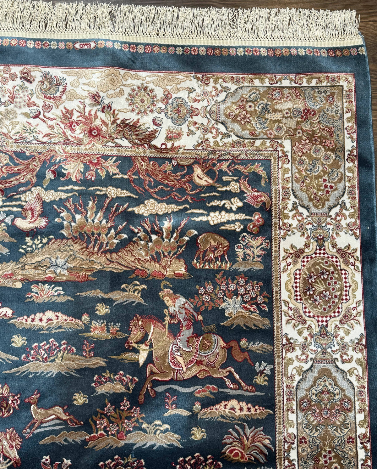 Turkish Silk Hunting Design Rug 4x6, Dark Steel Blue & Ivory, Bamboo Silk, New - Jewel Rugs, view 9