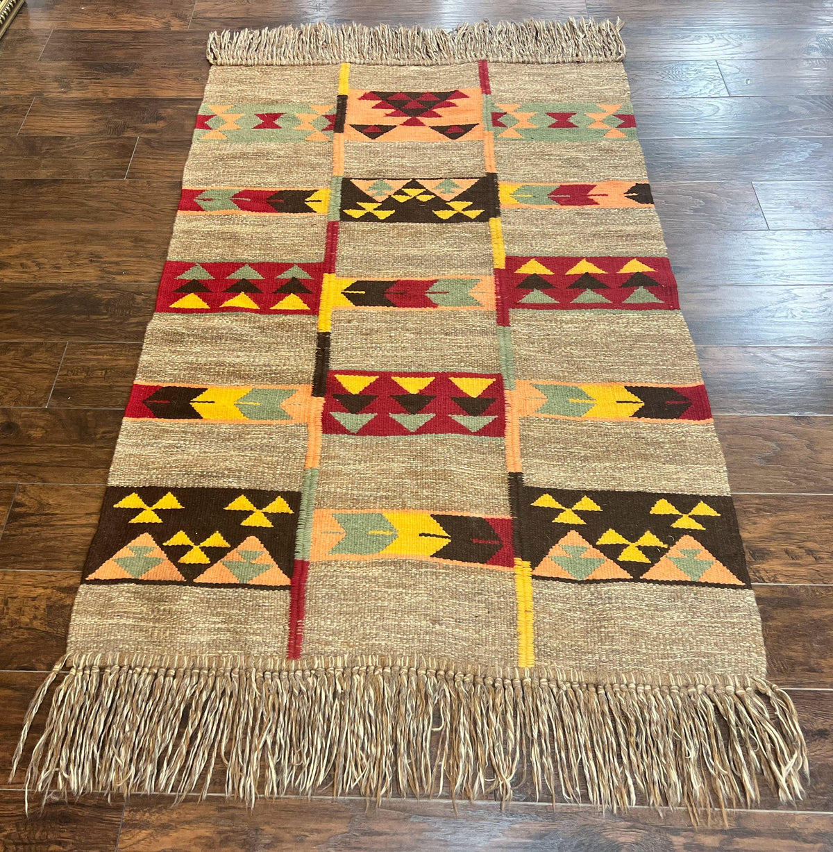 South American Flatweave Rug, Gray, Handmade Vintage Wool Bohemian Blanket - Jewel Rugs, view 13