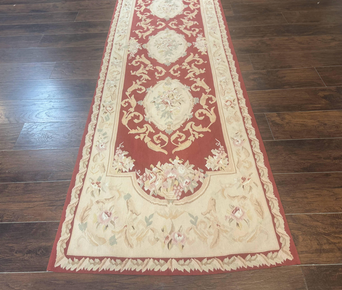 Aubusson Runner Rug 3x10, European Design, Red and Beige, Elegant, Handmade Wool Rug - Jewel Rugs, view 6