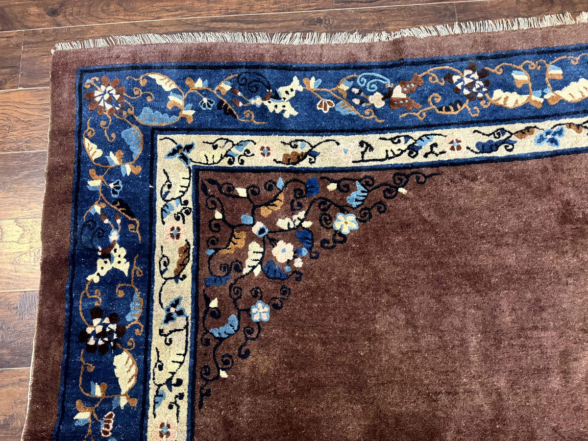 Antique Chinese Wool Rug 9x11, Large Chinese Art Deco Rug, Peking Rug, Brown and Blue, Open Field, Fete Rug - Jewel Rugs, view 7