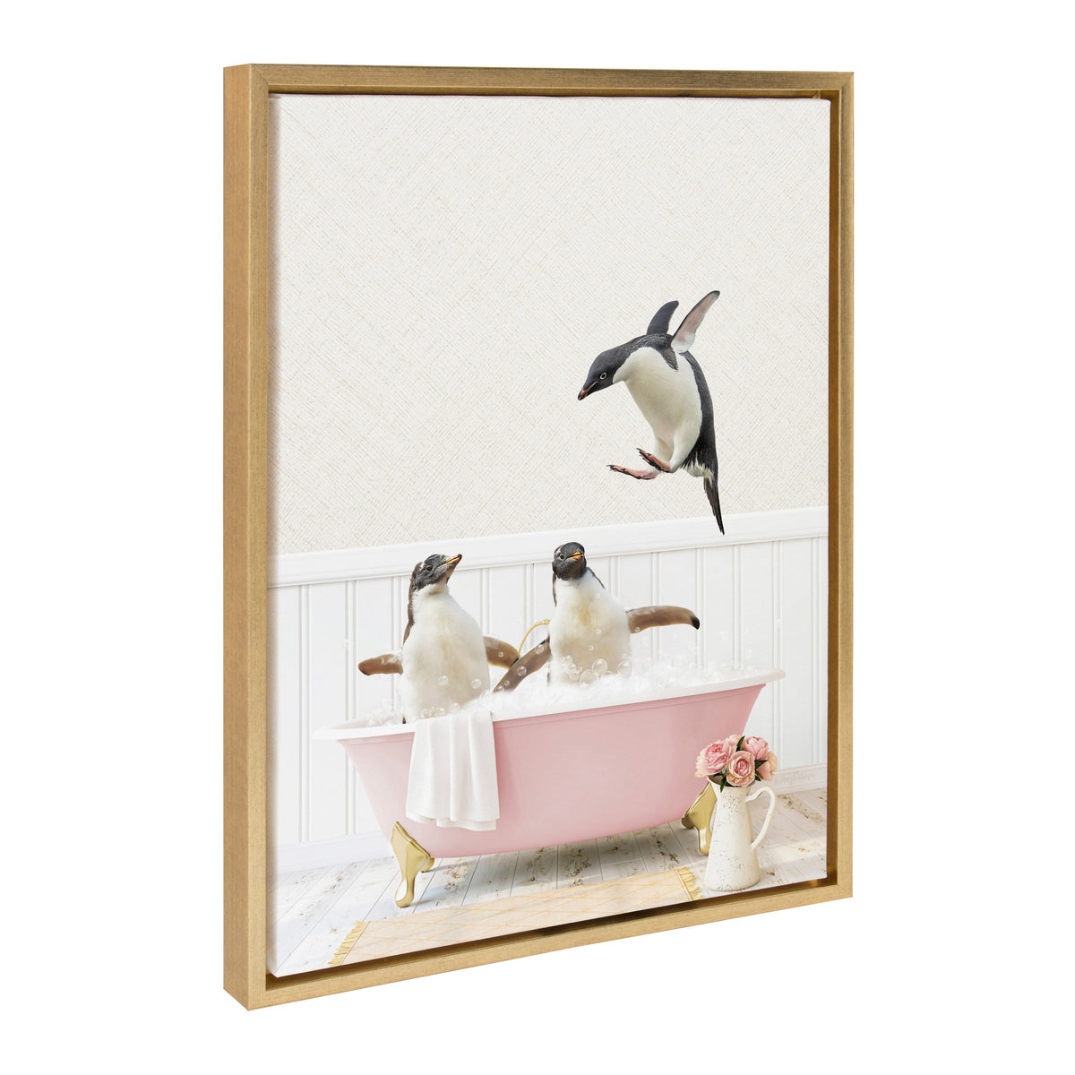 Sylvie Penguins Playing in Cottage Rose Bath Framed Canvas by Amy Peterson Art Studio