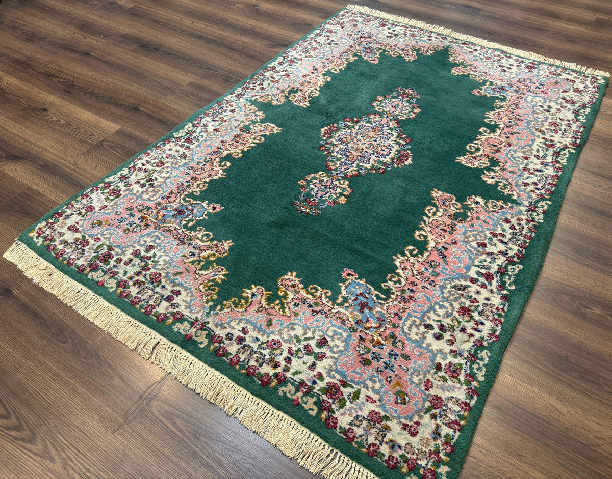 Persian Kerman Rug 4x6, Green Ivory Pink, Wool Vintage, Semi Open Field - Jewel Rugs, view 3