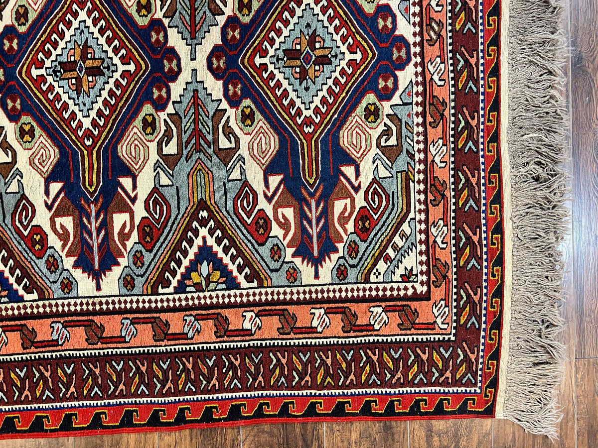Russian Soumak Rug 6x8, Wool Handmade Antique Kilim Carpet, Multicolor 6 x 8 Geometric Medallions Caucasian Rug, Medium Size - Jewel Rugs, view 10