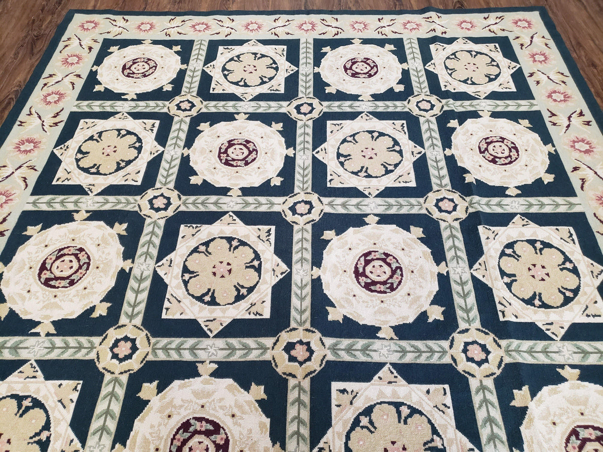 Vintage Chinese Needlepoint Rug 6x9, Panel Design Area Rug Wool Hand-Woven Black & Ivory Carpet Flat Weave Bedroom Rug 6 x 9 Living Room Rug - Jewel Rugs, view 4