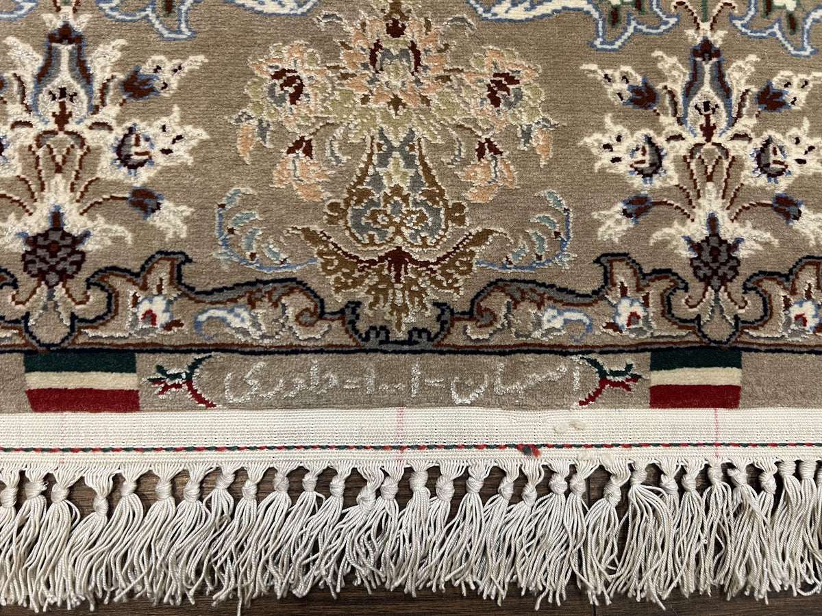 Super Fine Persian Isfahan Rug 3x5 ft, Kork Wool on Silk Foundation, Repeated Floral Motif, Taupe Tan Hand Knotted Oriental Carpet 3 x 5 ft, Signed - Jewel Rugs, view 6
