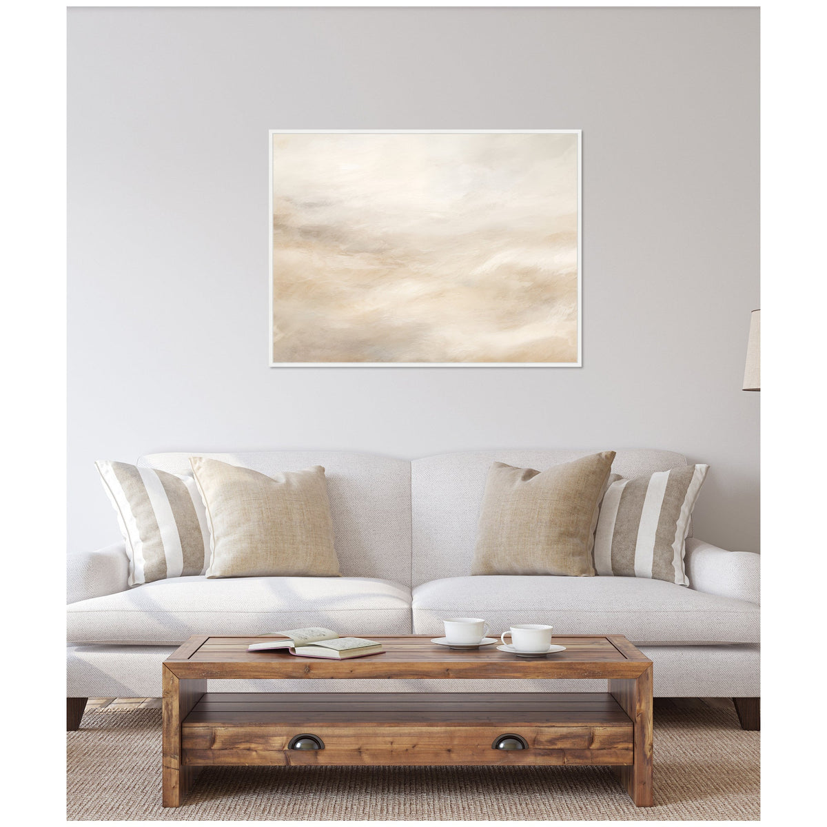 Sylvie Tonal Abstract Textural White and Beige Light Natural Neutrals Horizontal Framed Canvas by The Creative Bunch Studio