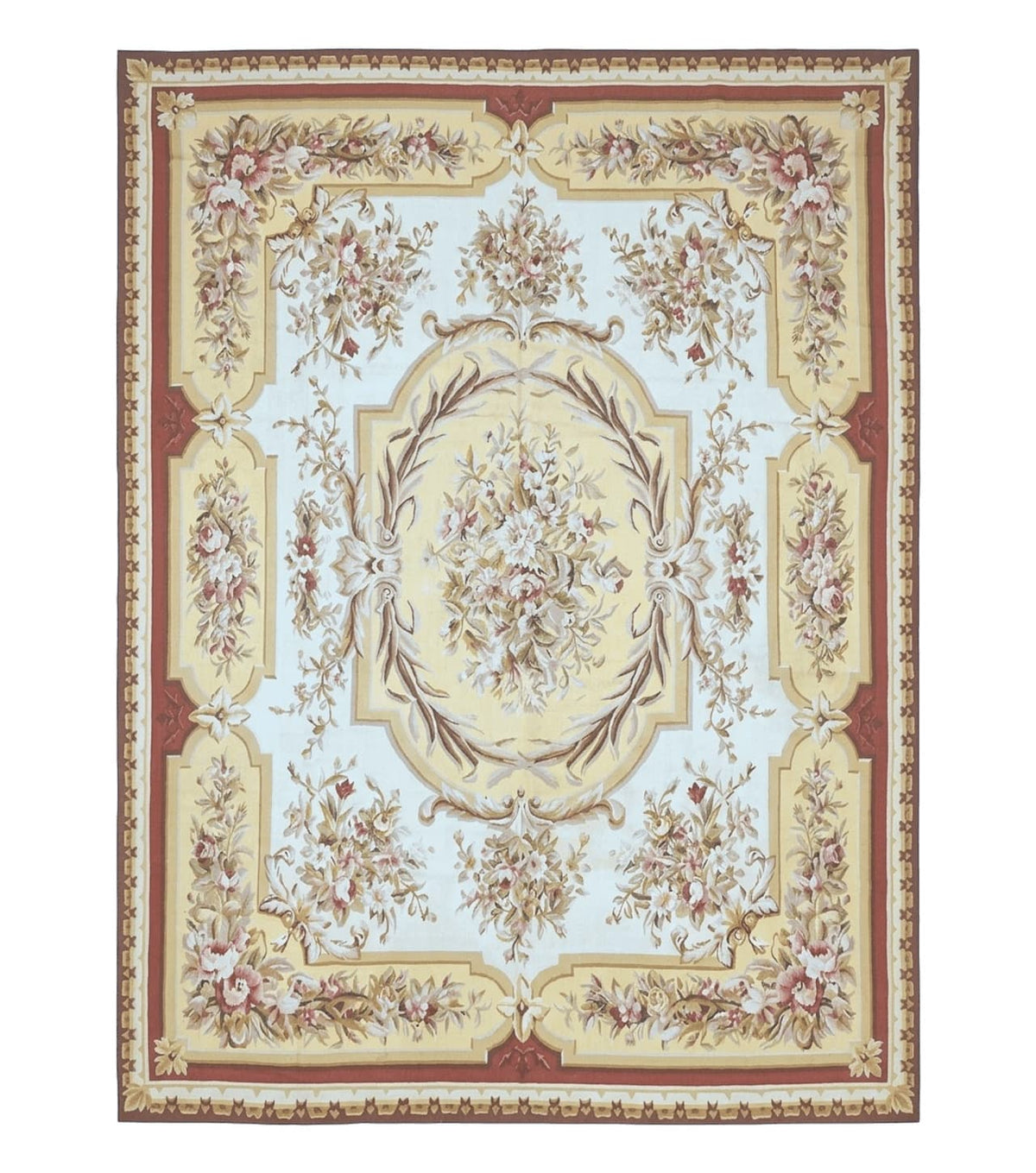 Aubusson Rug 9x12, Elegant Flatweave Savonnerie Carpet 9 x 12 ft, Ivory Light Yellow Red, Handmade Wool Flatweave French European Rug - Jewel Rugs