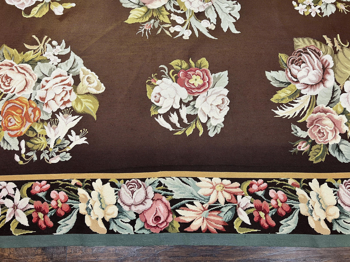 Vintage Needlepoint Rug 9x12, Large Handmade Hand-woven Needlepoint Carpet, Brown Area Rug, Floral Bouquets, Wool Rug, European Design - Jewel Rugs, view 6