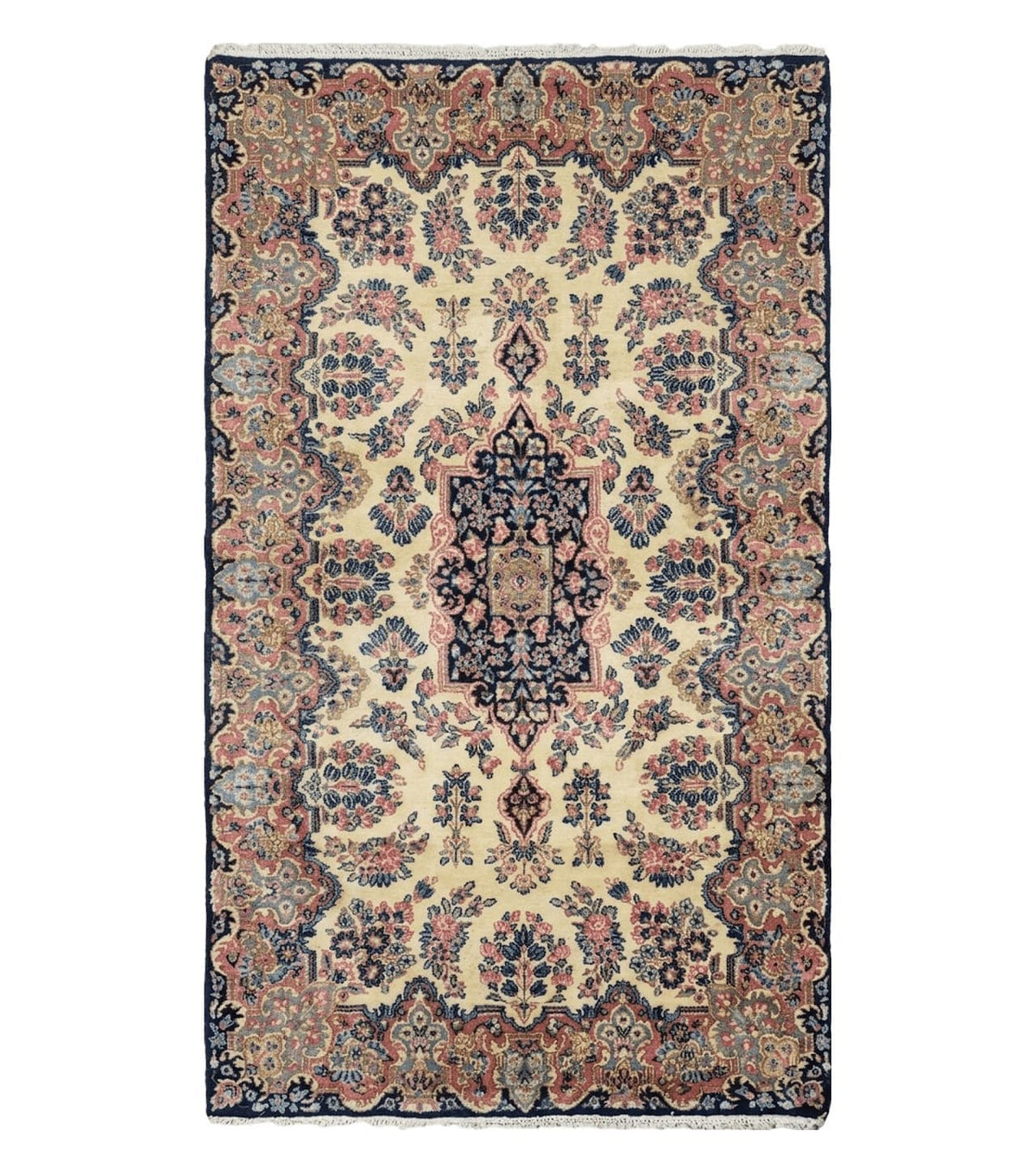 Antique Persian Kirman Rug 3.9 x 6.6, Floral Oriental Carpet, Ivory/Cream - Blue - Pink, Hand Knotted Wool Rug, Floral Medallion Rug 4x6 - Jewel Rugs